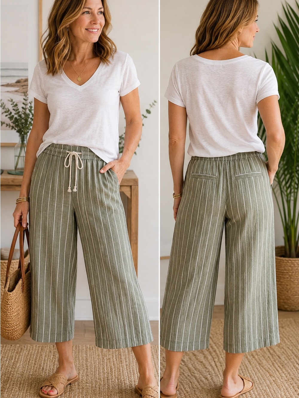 BeachLunchLounge Linen Blend Wide Leg Crop Pants M Olive Stripe